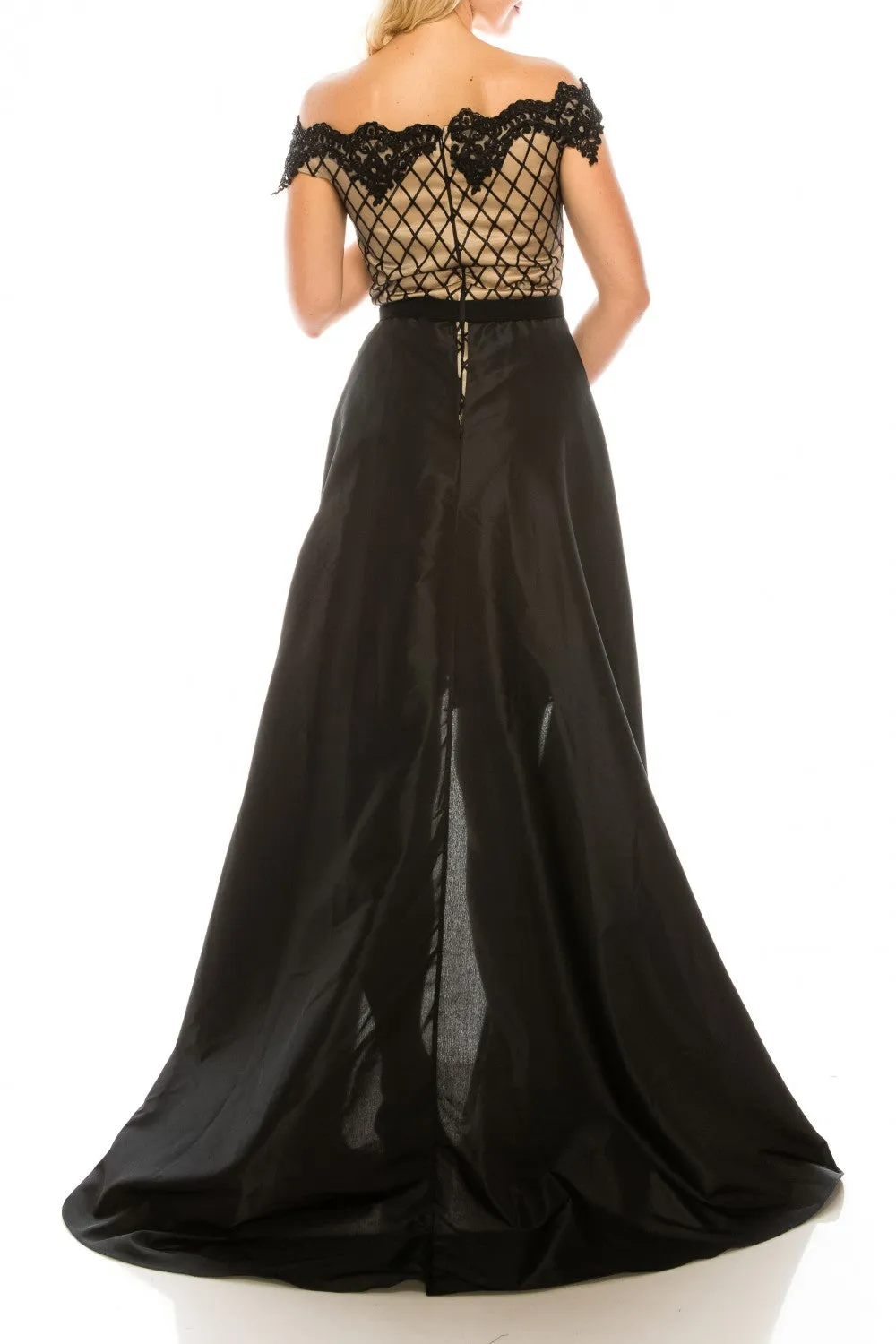 Odrella 4552 Embroidered Mesh Lattice Patterned Sheath Dress with Black Overskirt
