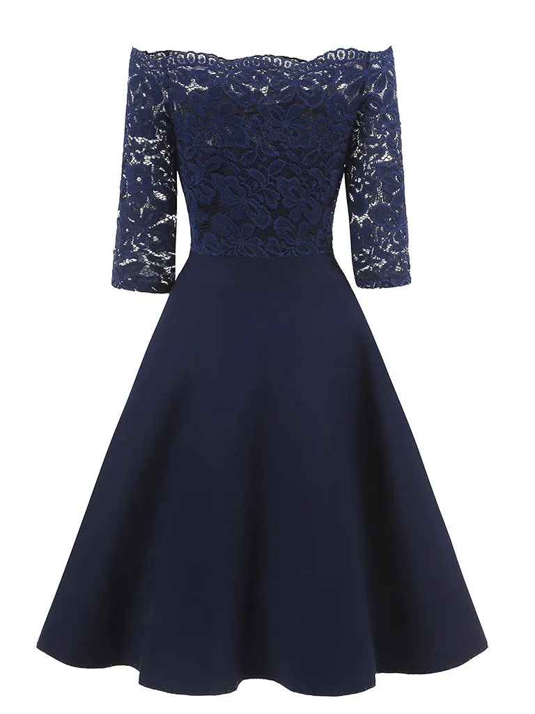 Off the Shoulder Half Sleeve Lace 50s Dress