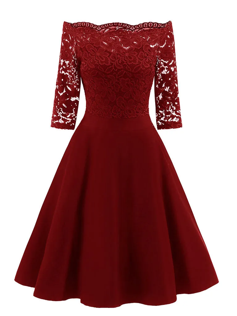 Off the Shoulder Half Sleeve Lace 50s Dress