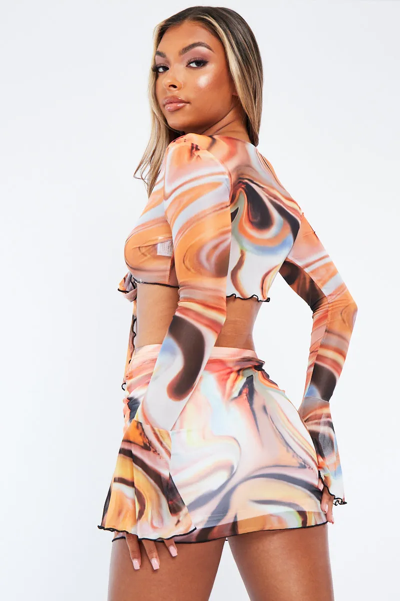 Orange Marble Print Mesh Tie Front Crop Top And Mini Skirt Co-Ord - Jersi