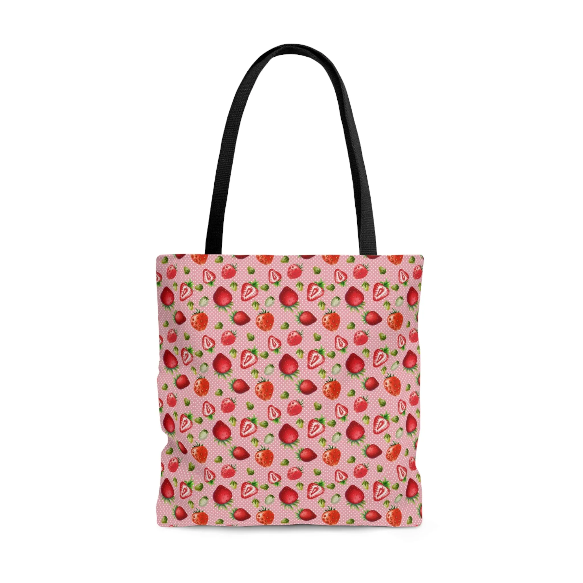 Pink Red Strawberries Tote Bag, Polyester Canvas Tote Bag, Kawaii Fruit Shopping Bag, Reusable Tote