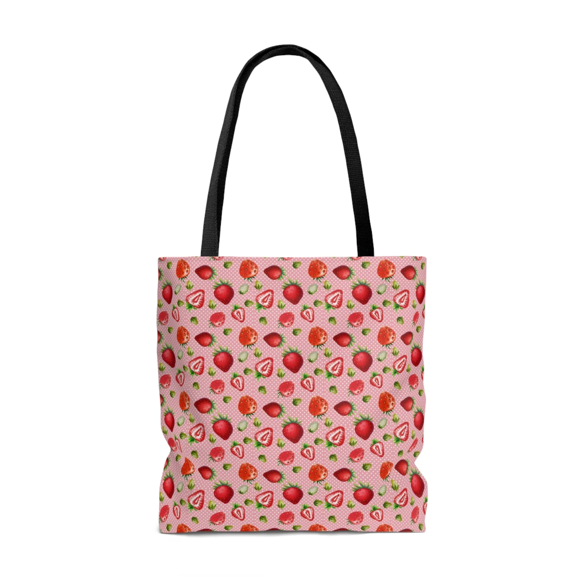 Pink Red Strawberries Tote Bag, Polyester Canvas Tote Bag, Kawaii Fruit Shopping Bag, Reusable Tote