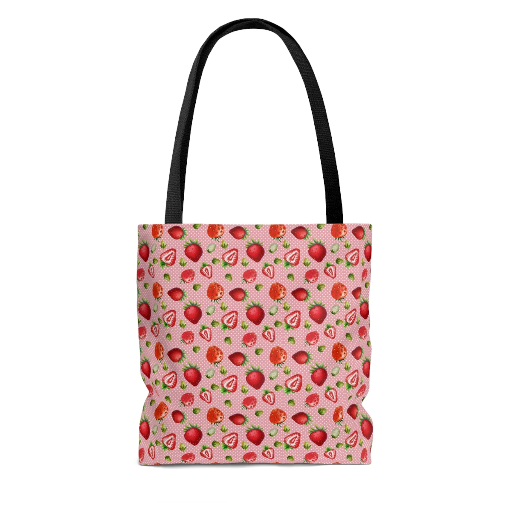 Pink Red Strawberries Tote Bag, Polyester Canvas Tote Bag, Kawaii Fruit Shopping Bag, Reusable Tote