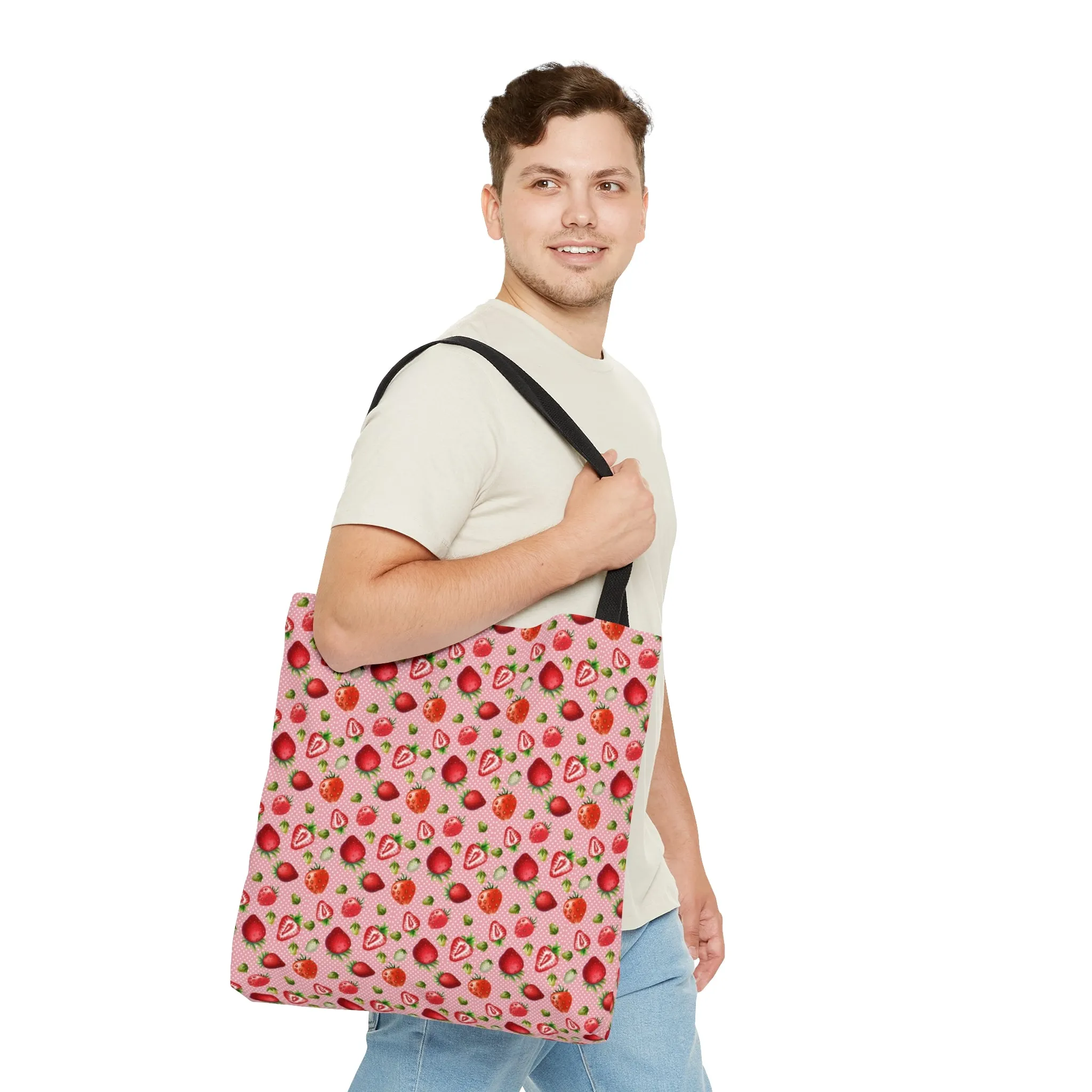 Pink Red Strawberries Tote Bag, Polyester Canvas Tote Bag, Kawaii Fruit Shopping Bag, Reusable Tote