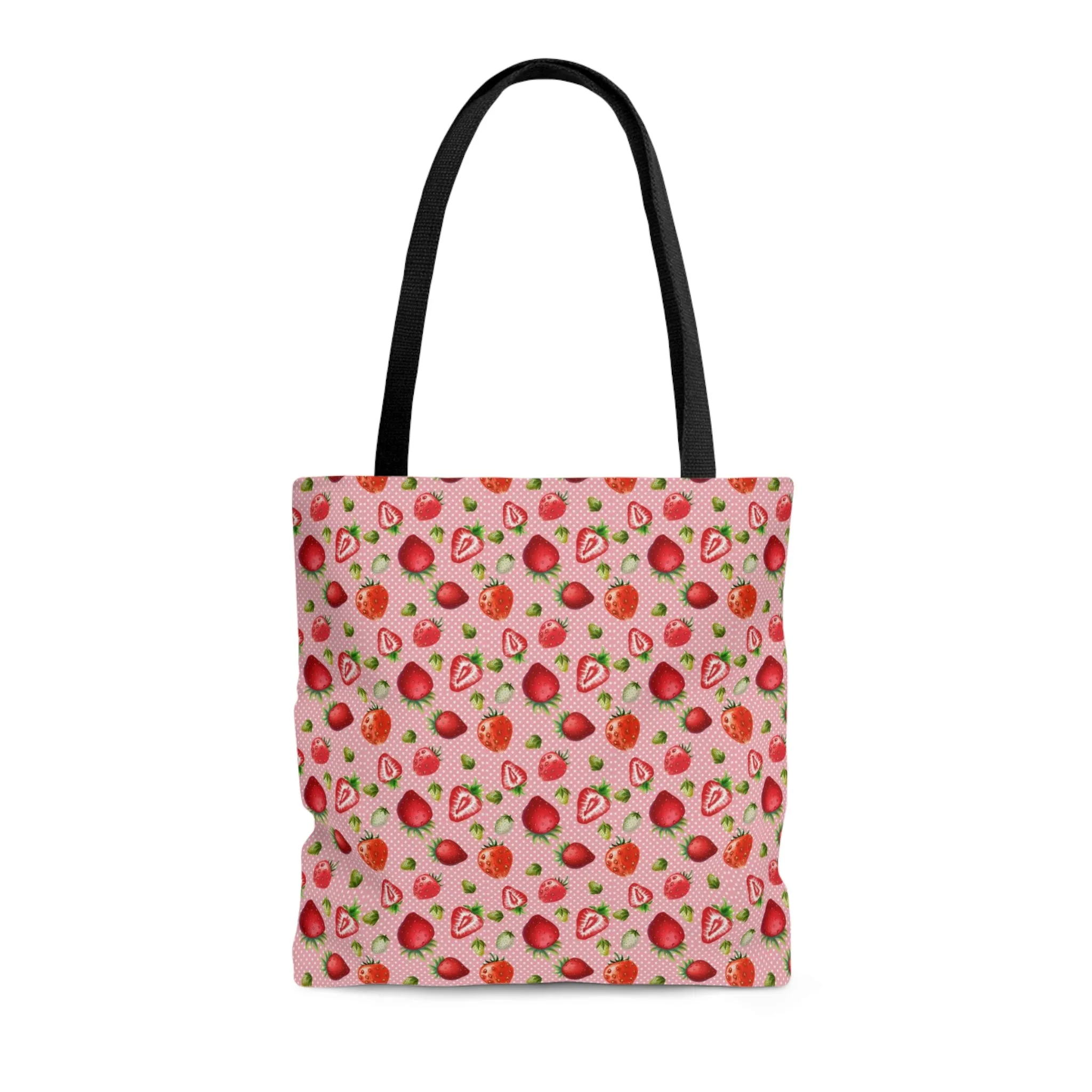 Pink Red Strawberries Tote Bag, Polyester Canvas Tote Bag, Kawaii Fruit Shopping Bag, Reusable Tote