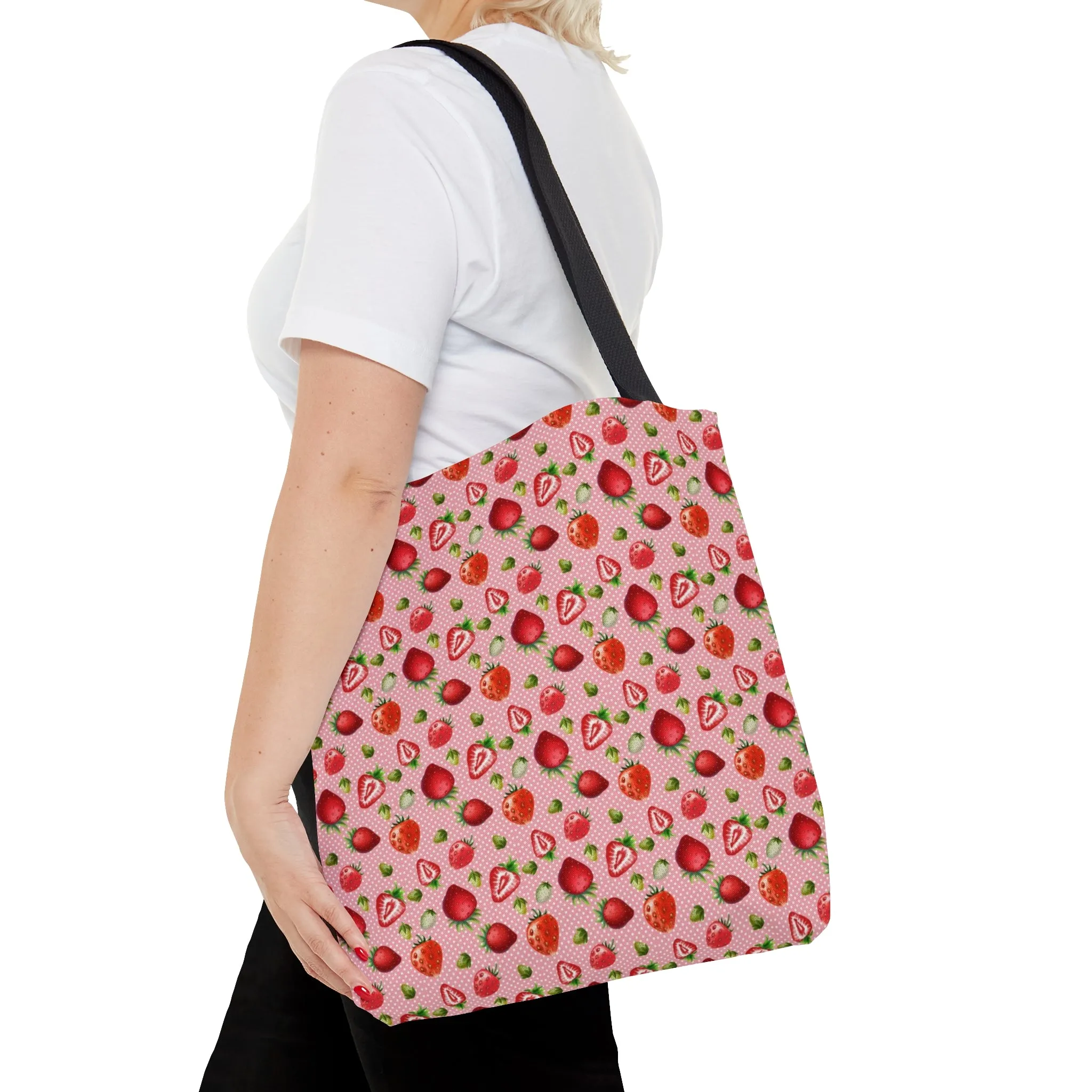 Pink Red Strawberries Tote Bag, Polyester Canvas Tote Bag, Kawaii Fruit Shopping Bag, Reusable Tote