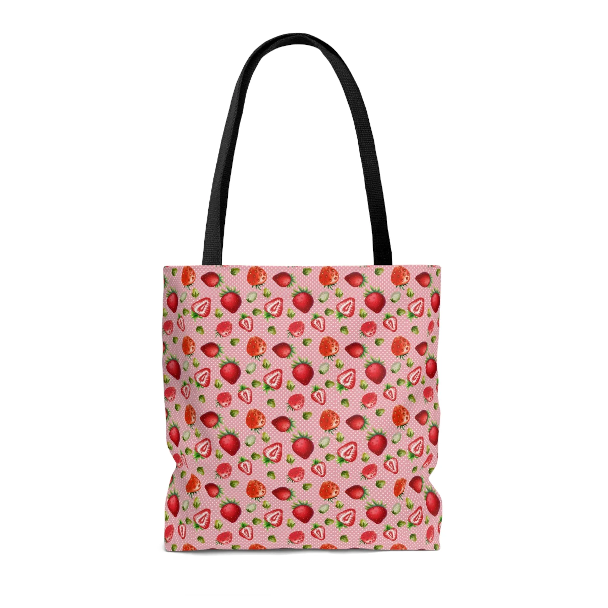 Pink Red Strawberries Tote Bag, Polyester Canvas Tote Bag, Kawaii Fruit Shopping Bag, Reusable Tote
