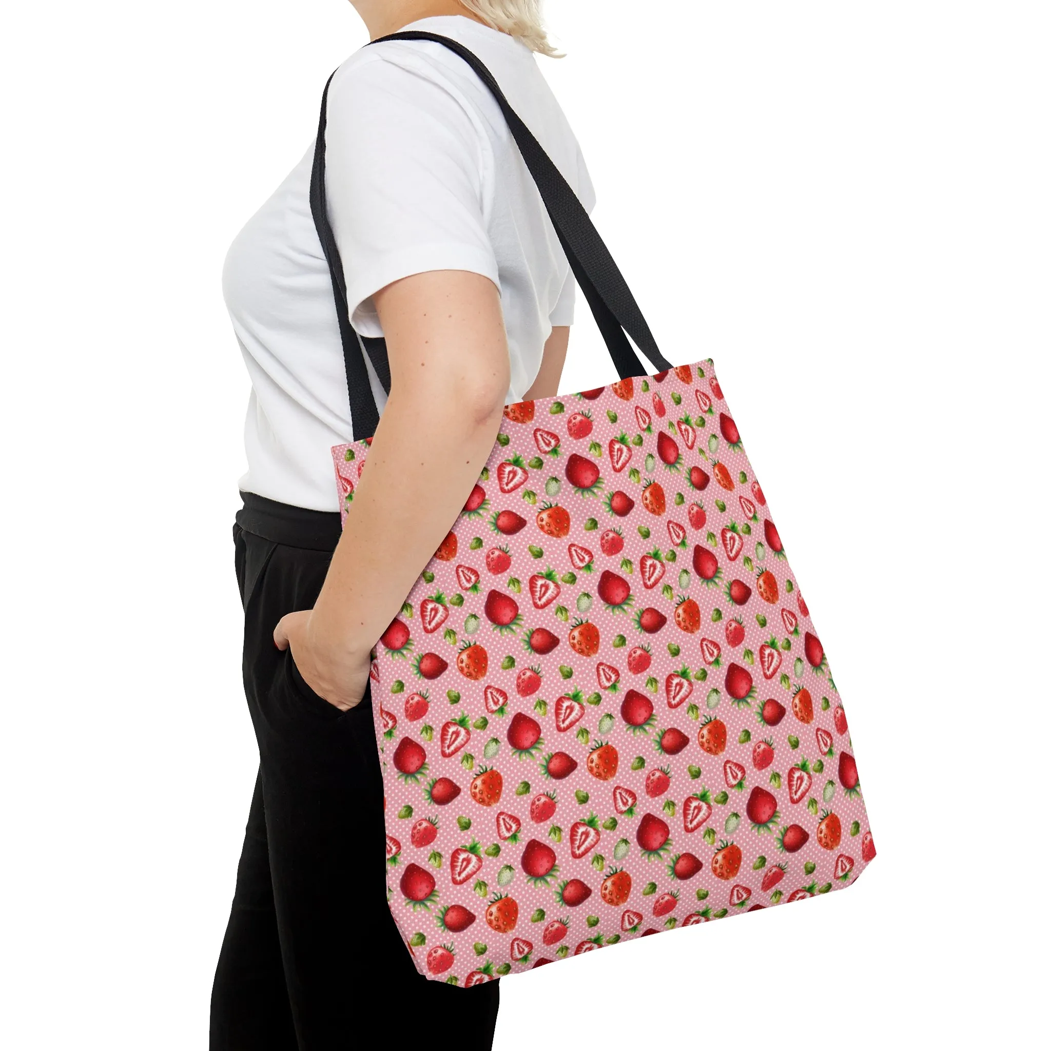 Pink Red Strawberries Tote Bag, Polyester Canvas Tote Bag, Kawaii Fruit Shopping Bag, Reusable Tote