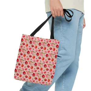 Pink Red Strawberries Tote Bag, Polyester Canvas Tote Bag, Kawaii Fruit Shopping Bag, Reusable Tote