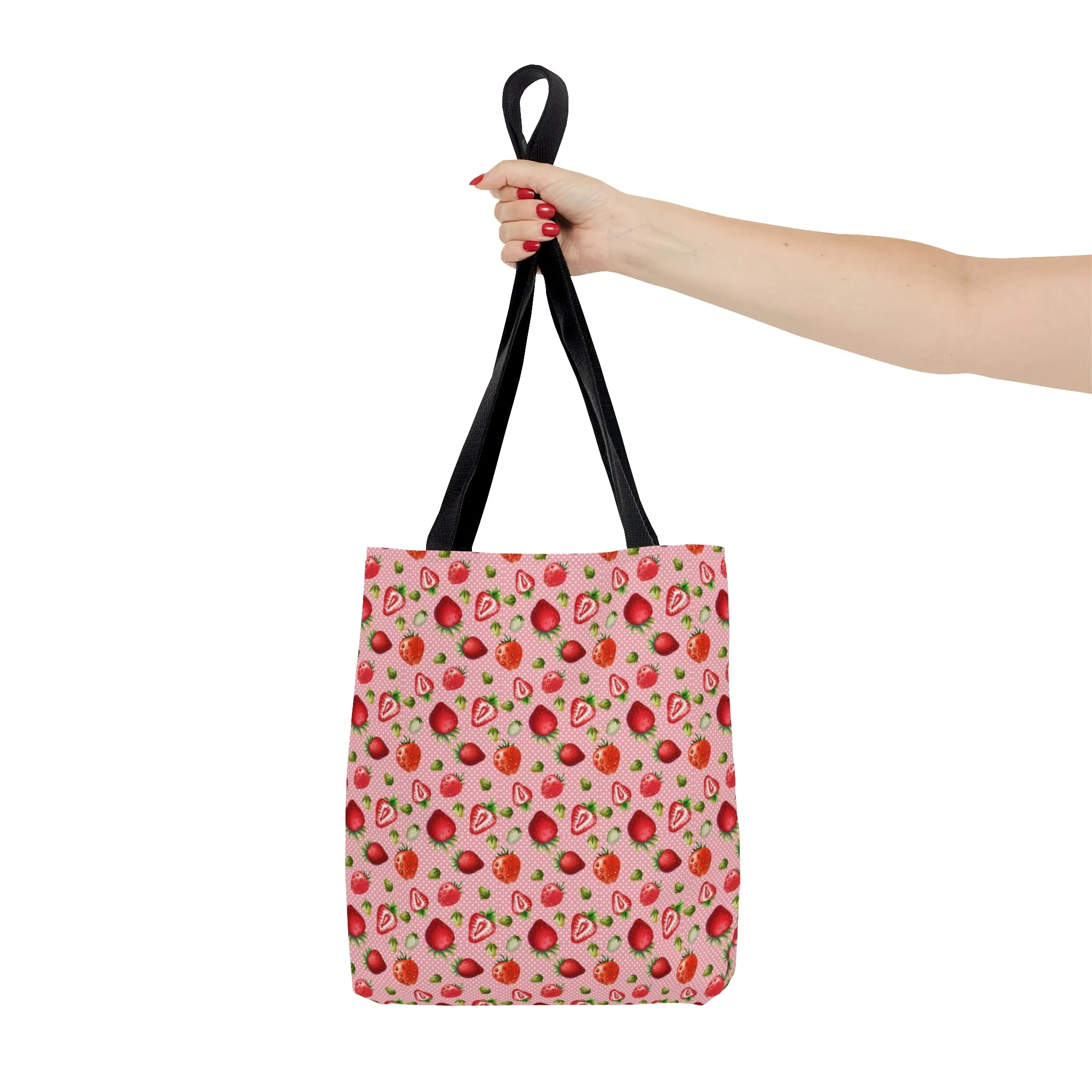 Pink Red Strawberries Tote Bag, Polyester Canvas Tote Bag, Kawaii Fruit Shopping Bag, Reusable Tote