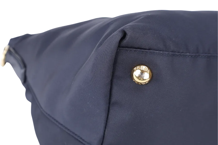 PRADA BN2106 TOTE BAG NAVY BLUE NYLON GOLD HARDWARE WITH DUST COVER AND LONG STRAPS