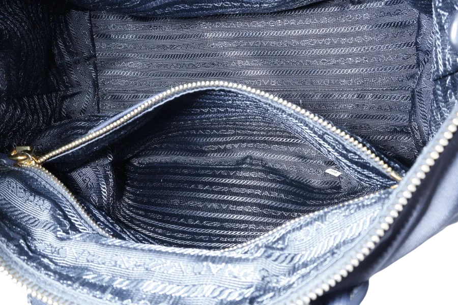 PRADA BN2106 TOTE BAG NAVY BLUE NYLON GOLD HARDWARE WITH DUST COVER AND LONG STRAPS
