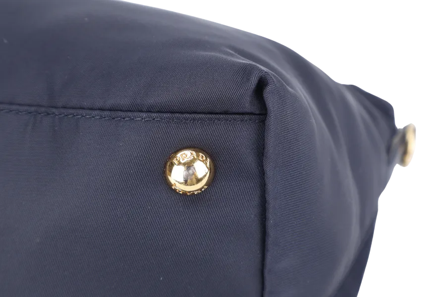 PRADA BN2106 TOTE BAG NAVY BLUE NYLON GOLD HARDWARE WITH DUST COVER AND LONG STRAPS