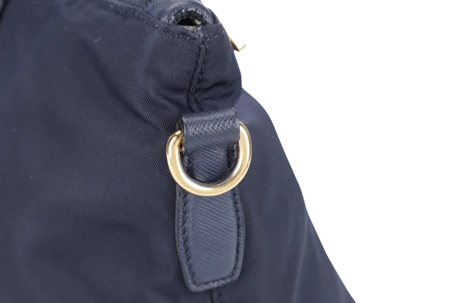 PRADA BN2106 TOTE BAG NAVY BLUE NYLON GOLD HARDWARE WITH DUST COVER AND LONG STRAPS