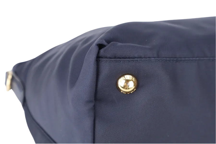 PRADA BN2106 TOTE BAG NAVY BLUE NYLON GOLD HARDWARE WITH DUST COVER AND LONG STRAPS