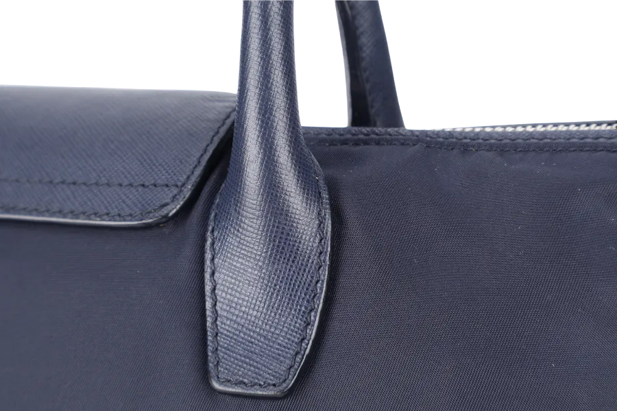 PRADA BN2106 TOTE BAG NAVY BLUE NYLON GOLD HARDWARE WITH DUST COVER AND LONG STRAPS
