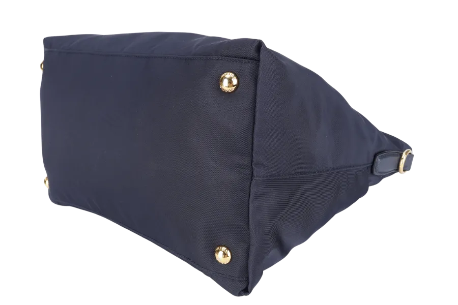 PRADA BN2106 TOTE BAG NAVY BLUE NYLON GOLD HARDWARE WITH DUST COVER AND LONG STRAPS