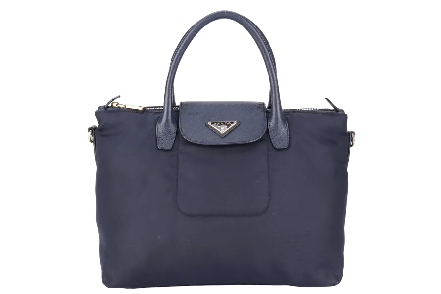 PRADA BN2106 TOTE BAG NAVY BLUE NYLON GOLD HARDWARE WITH DUST COVER AND LONG STRAPS
