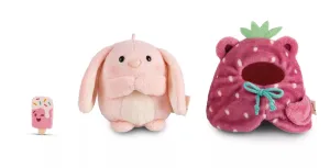 Set of cuddly toy rabbit Pibu 8cm with soft ice cream and strawberry costume in a gift box 8.5x6.5x10cm