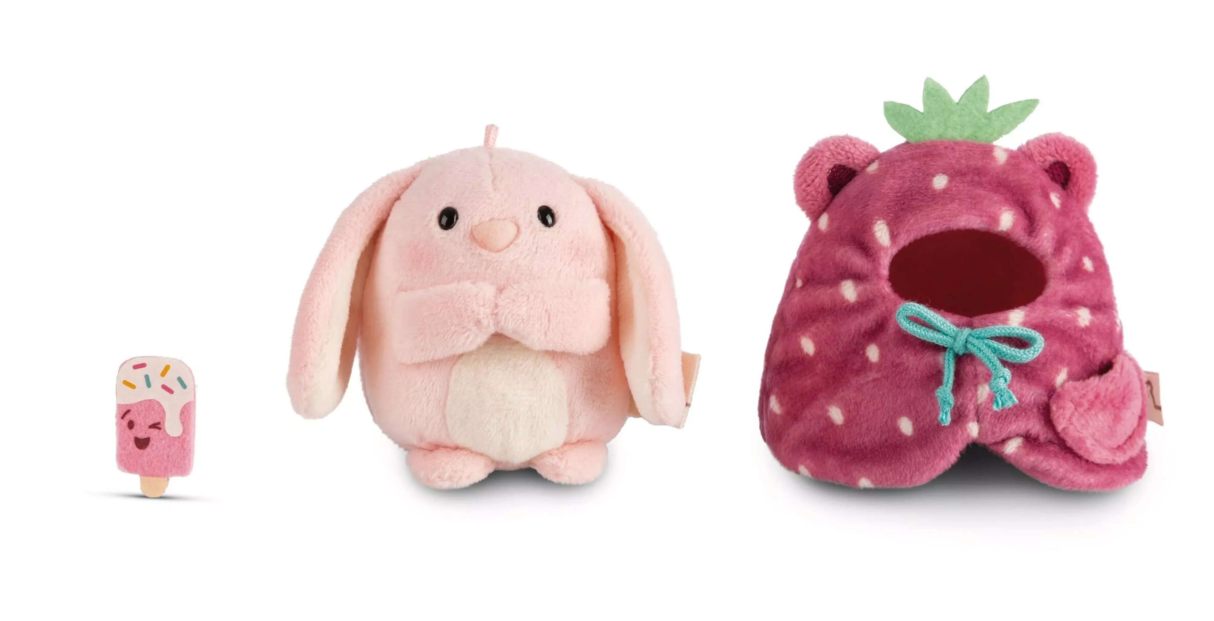 Set of cuddly toy rabbit Pibu 8cm with soft ice cream and strawberry costume in a gift box 8.5x6.5x10cm