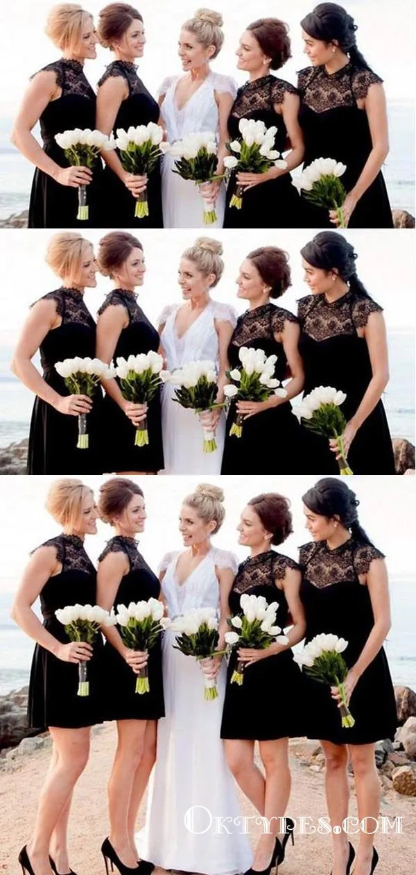 Simple Black Sleeveless A Line Short Bridesmaid Dresses With Lace, TYP1805