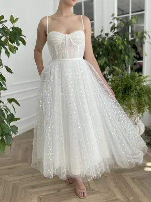 Simple sweetheart neck tulle Ivory Prom Dresses, Tea Length Ivory Evening Dresses