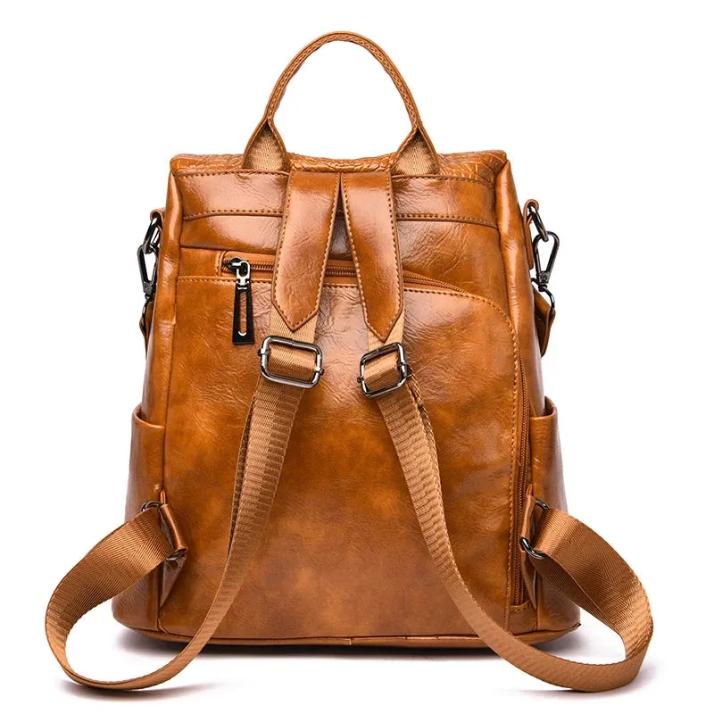 Soft Leather Solid Color Anti-theft Travel Backpack