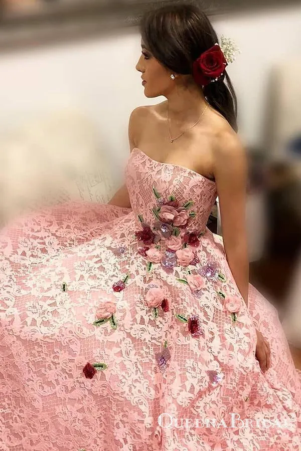 Strapless Pink Lace Long Ball Gown with Floral Embroidery Prom Dresses, QB0602