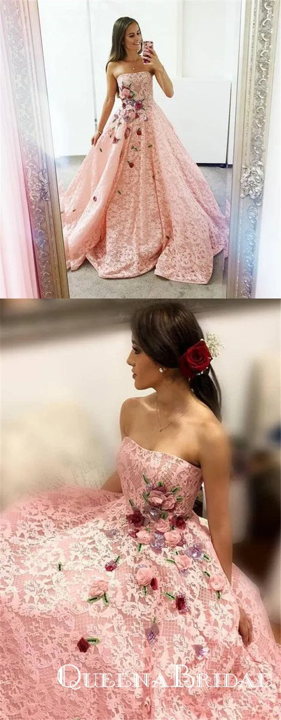 Strapless Pink Lace Long Ball Gown with Floral Embroidery Prom Dresses, QB0602