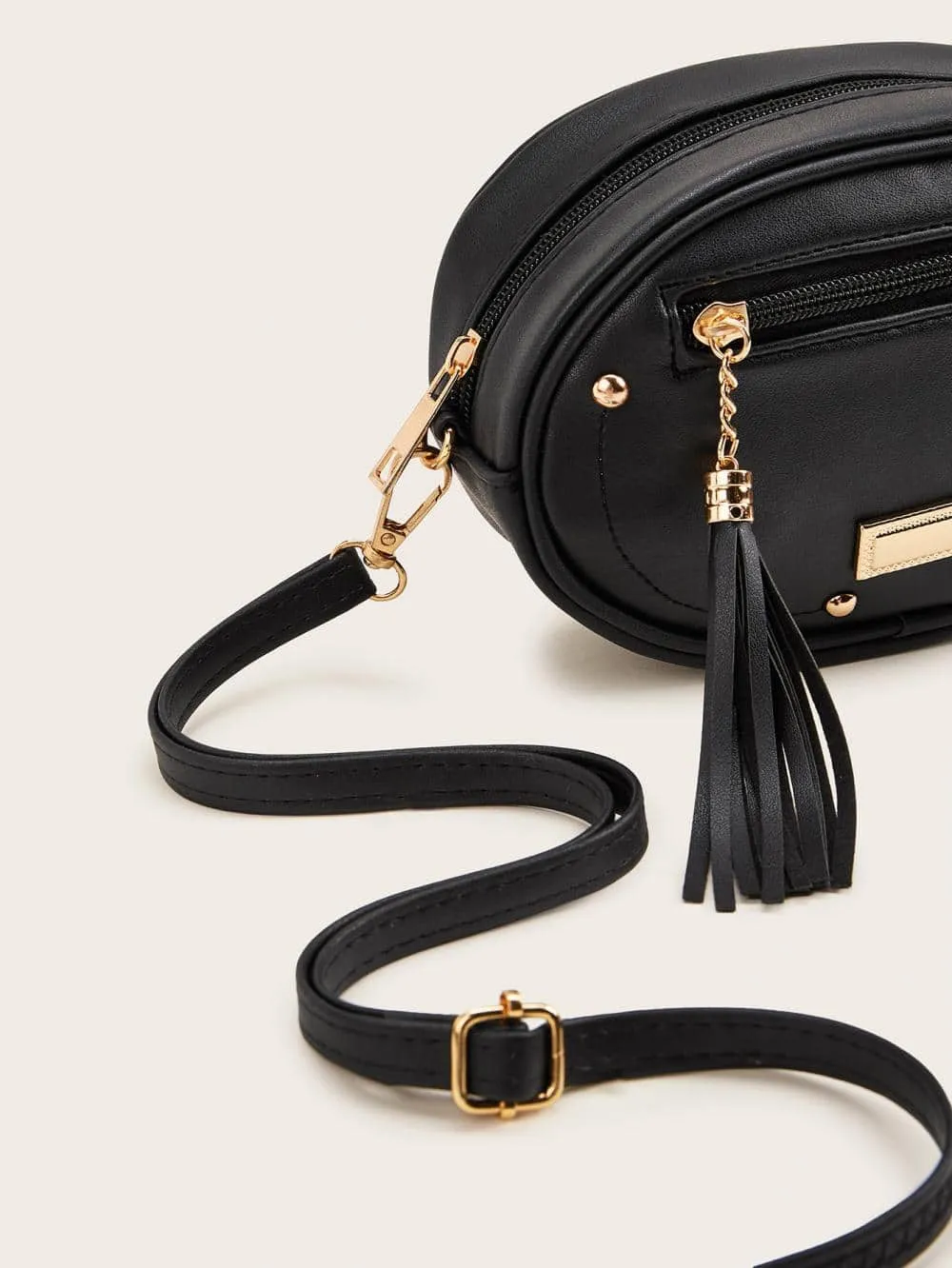 Tassel Decor Front Zip Fanny Pack - Black