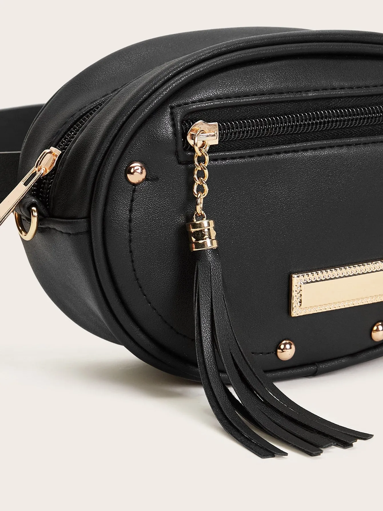 Tassel Decor Front Zip Fanny Pack - Black