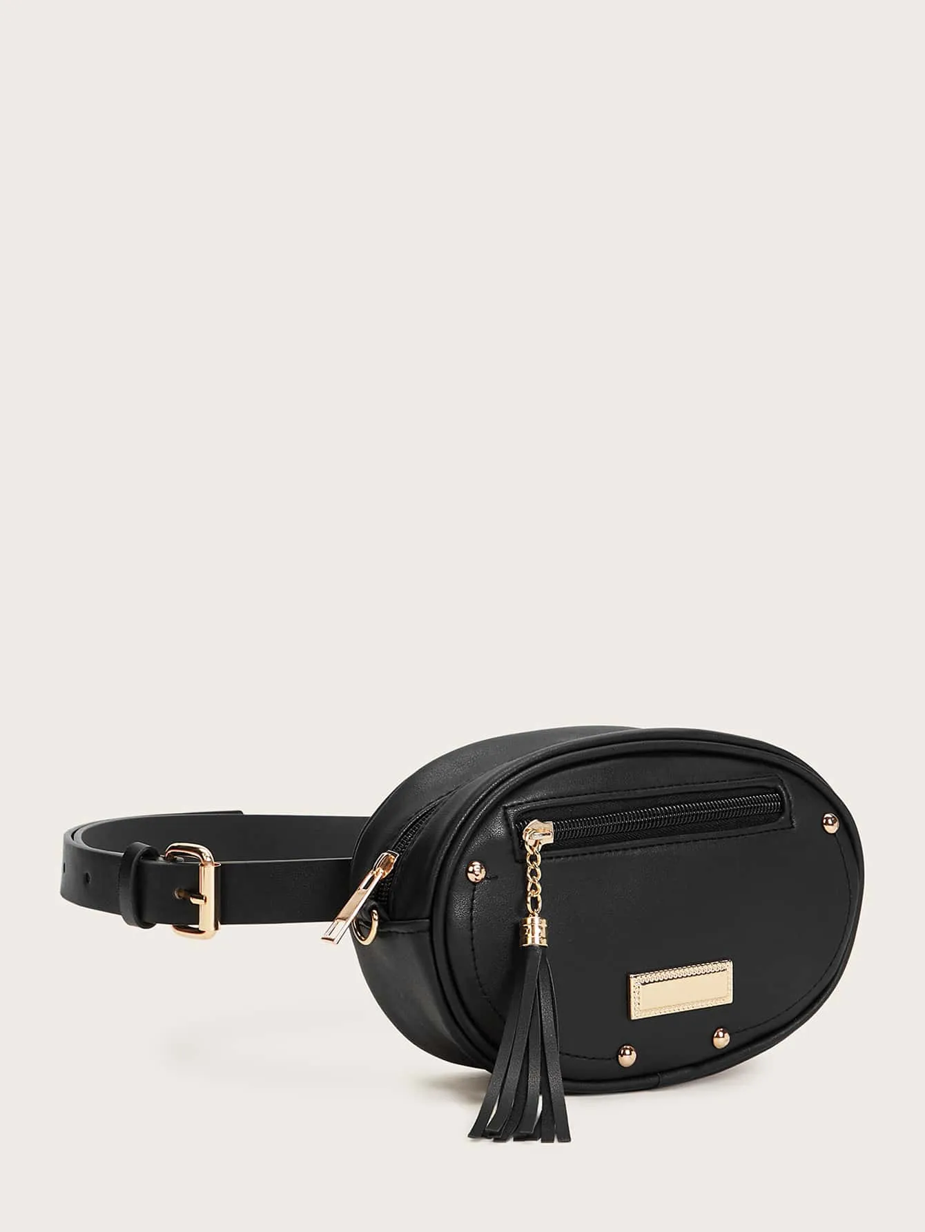 Tassel Decor Front Zip Fanny Pack - Black