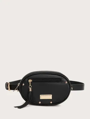 Tassel Decor Front Zip Fanny Pack - Black