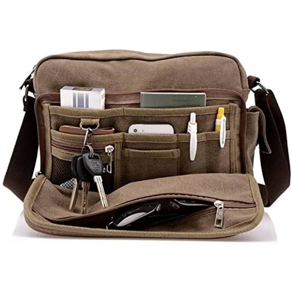 Topfox Men's Multifunctional Canvas Messenger Handbag Outdoor Sports Over Shoulder Crossbody Side Bag (Black) | Multiple Colors