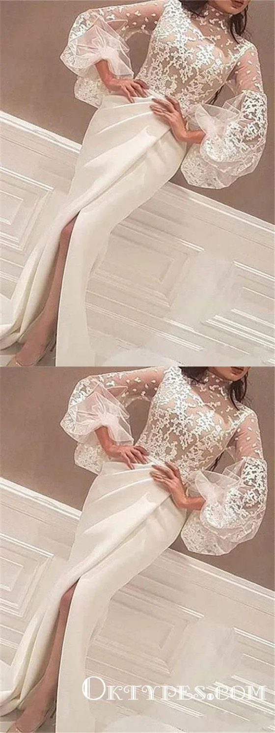Unique Mermaid Round Neck Long Sleeves Split Ivory Lace Long Prom Dresses, TYP1728