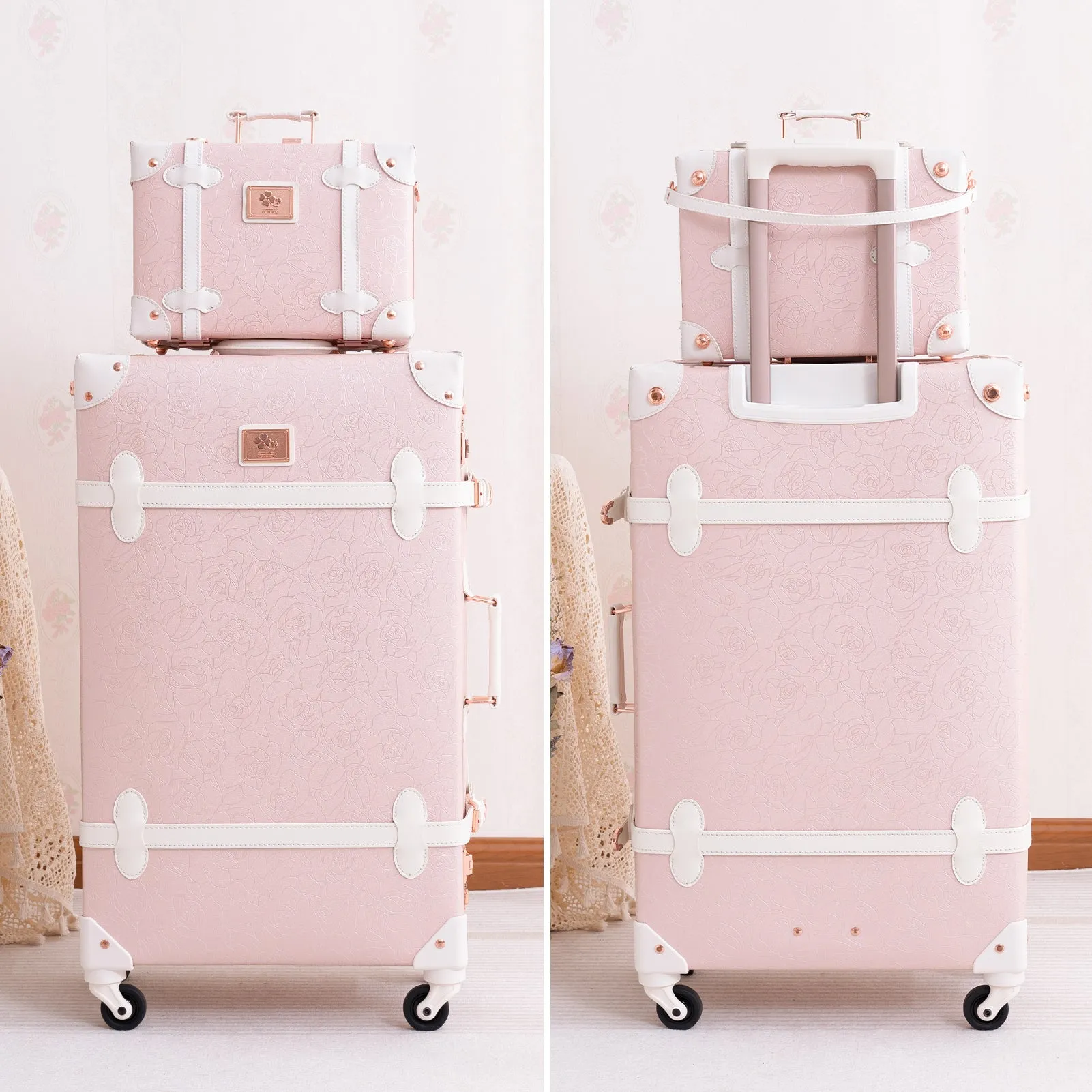 urecity Vintage leather-trimmed luggages 2 Pack