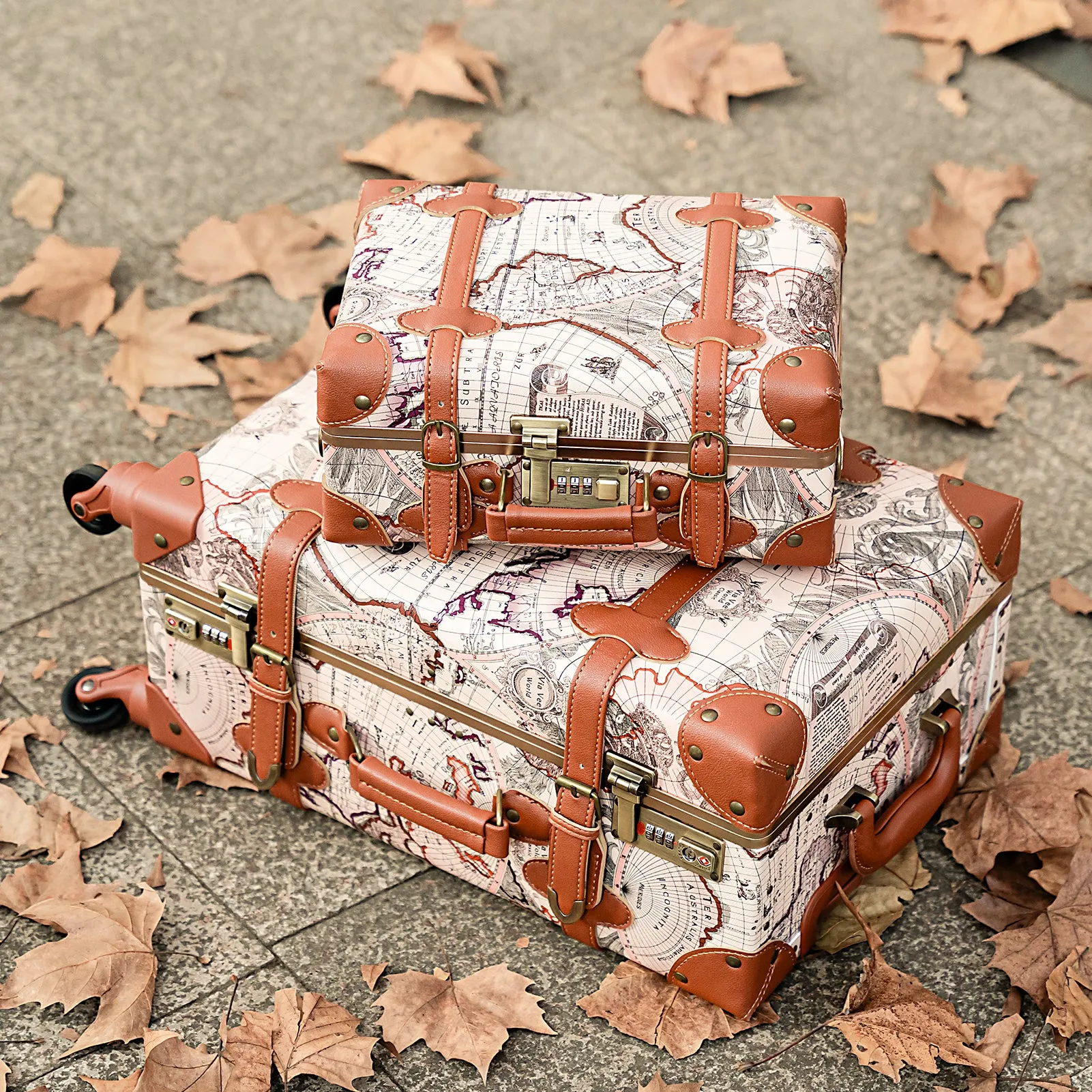 urecity Vintage leather-trimmed luggages 2 Pack