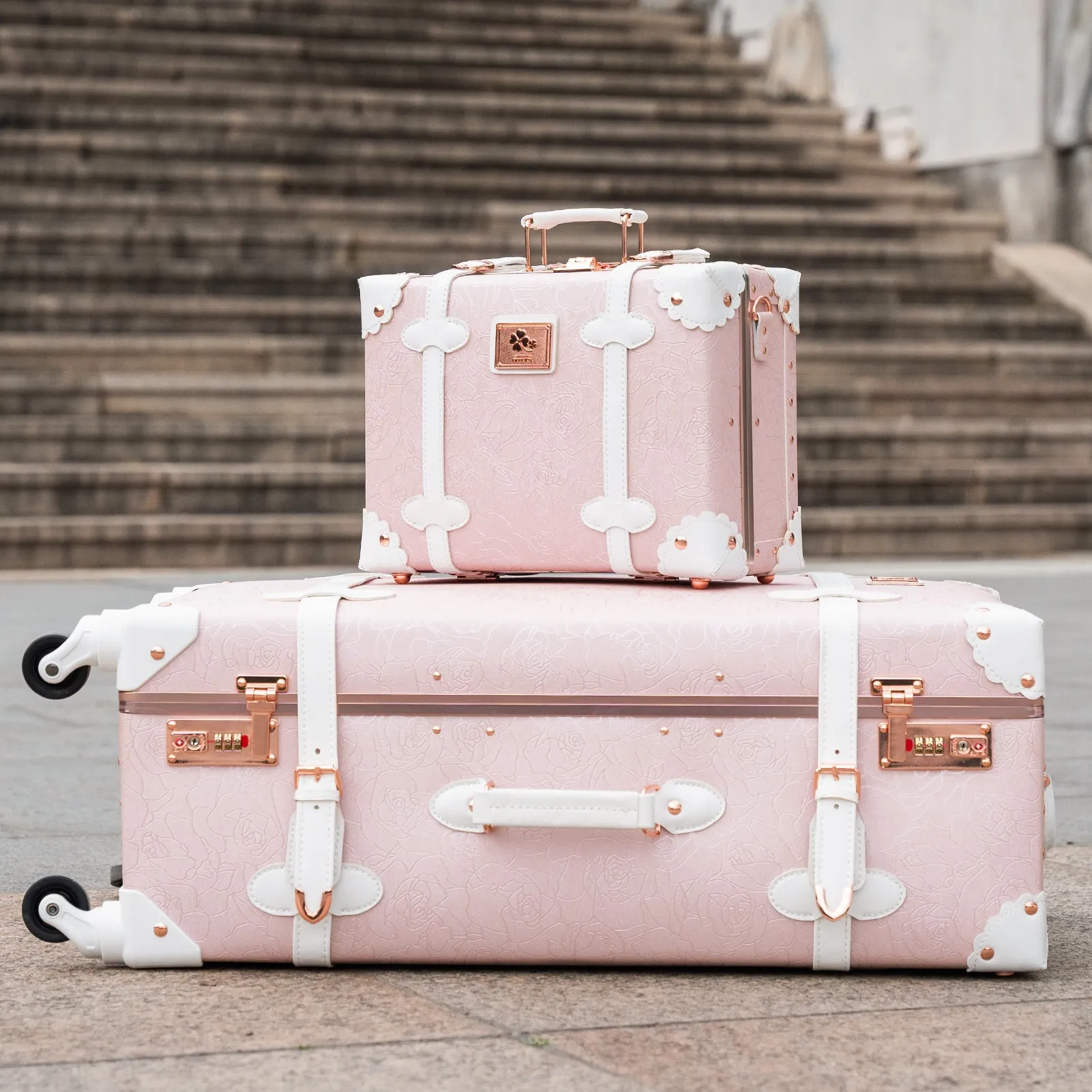 urecity Vintage leather-trimmed luggages 2 Pack