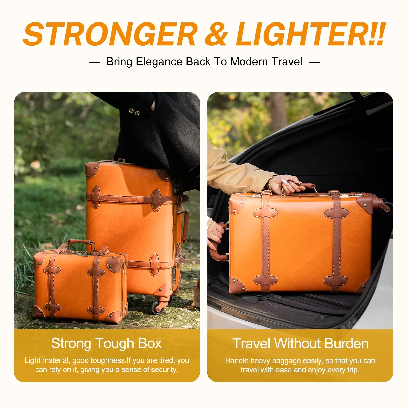 urecity Vintage leather-trimmed luggages 2 Pack
