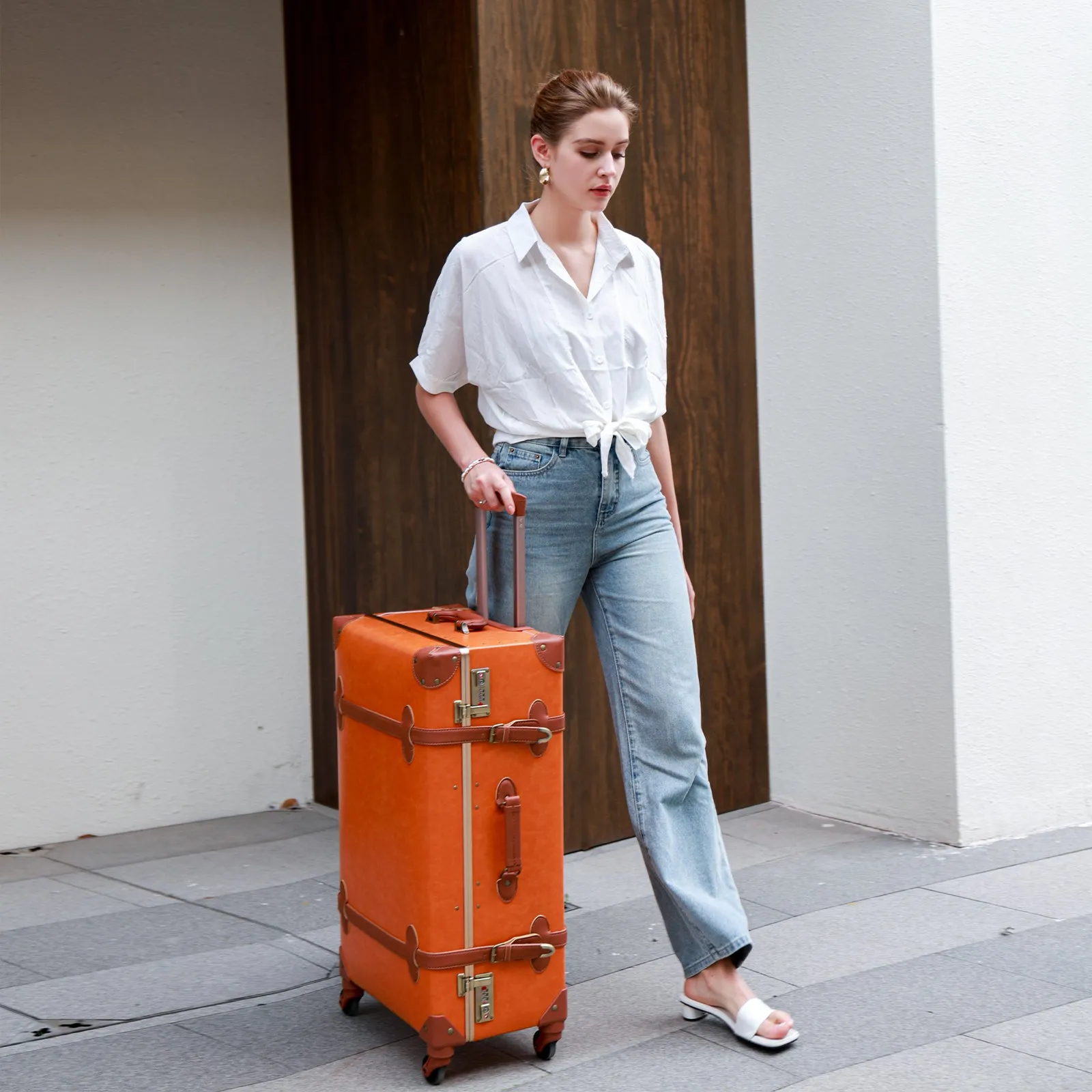 urecity Vintage leather-trimmed luggages 2 Pack