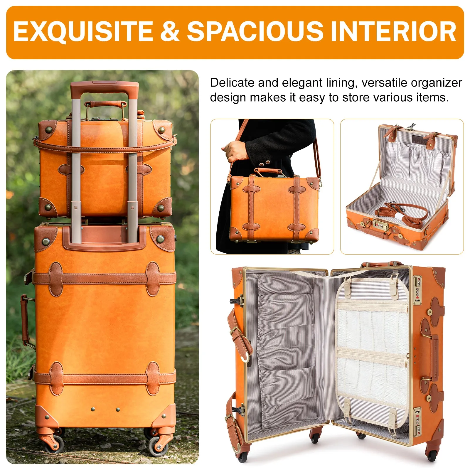 urecity Vintage leather-trimmed luggages 2 Pack