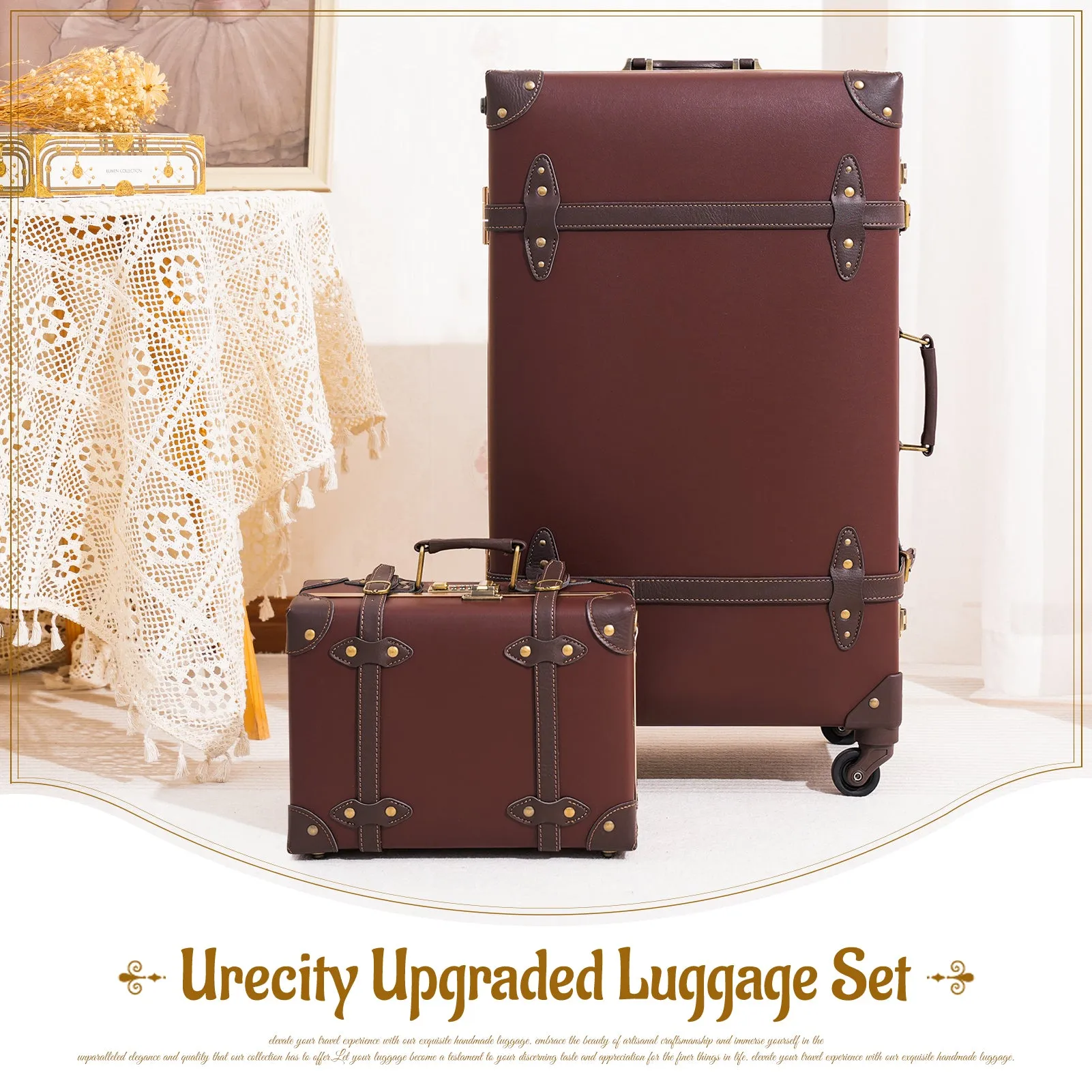 urecity Vintage leather-trimmed luggages 2 Pack