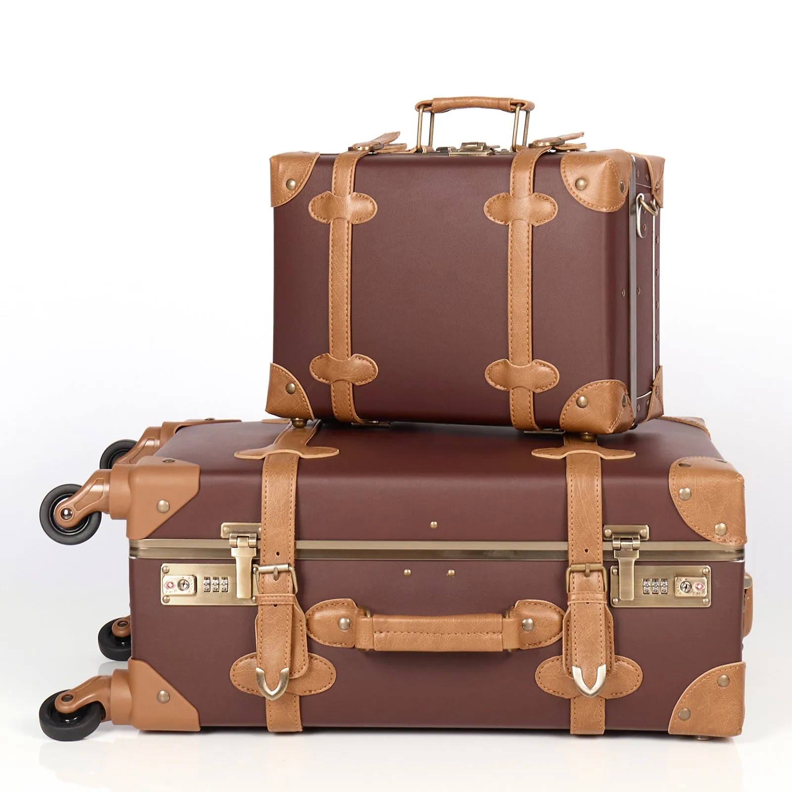 urecity Vintage leather-trimmed luggages 2 Pack