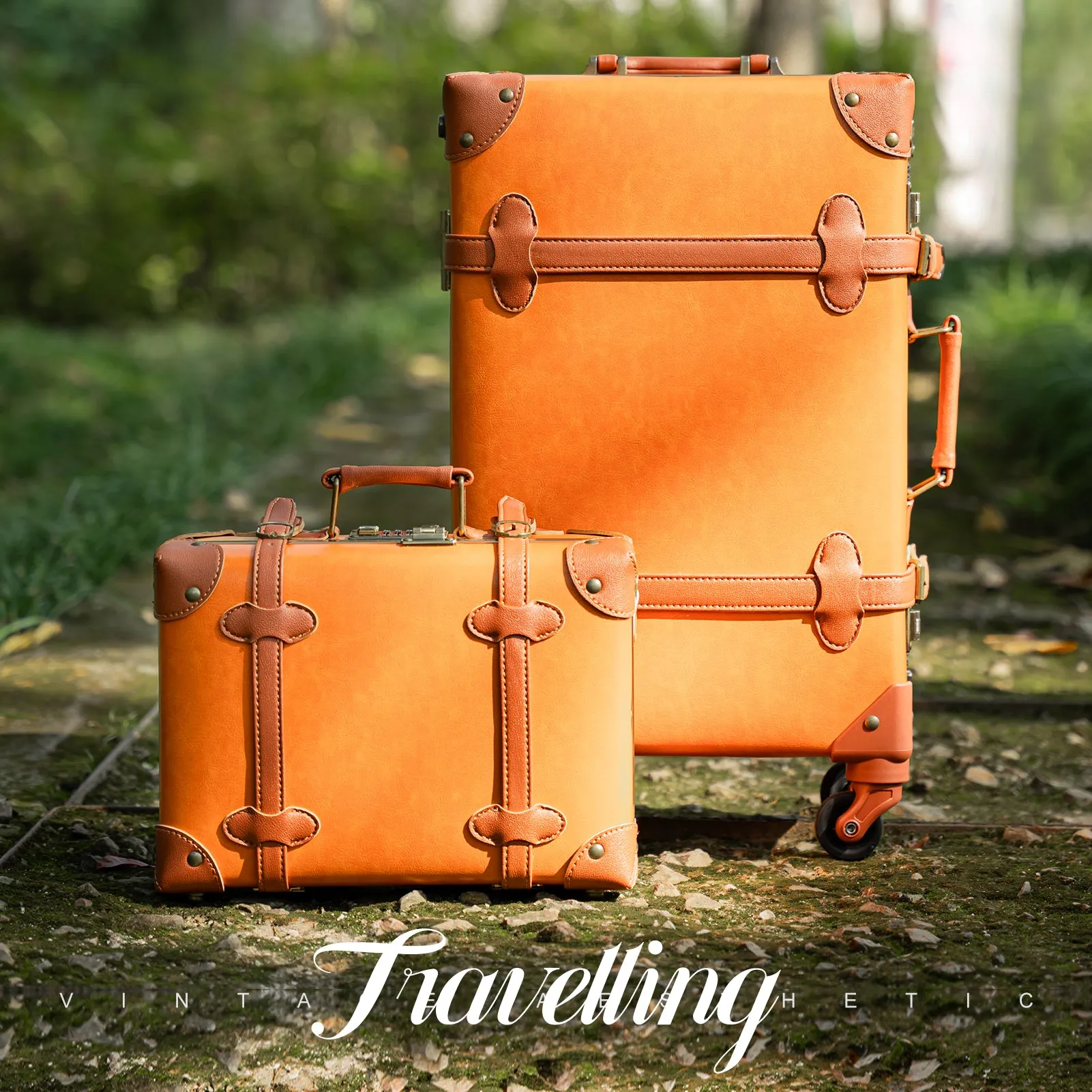 urecity Vintage leather-trimmed luggages 2 Pack