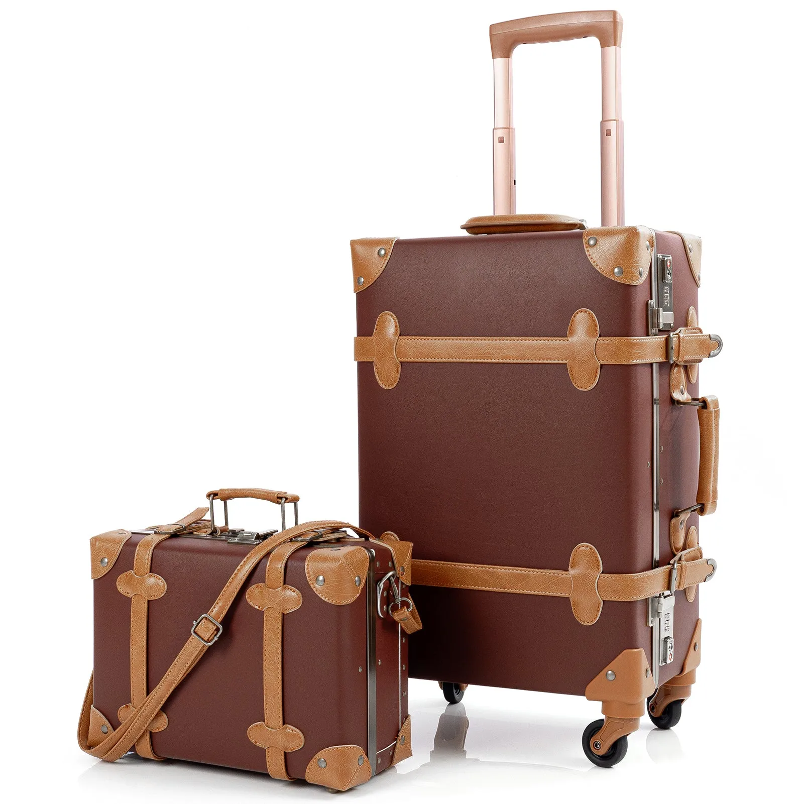 urecity Vintage leather-trimmed luggages 2 Pack