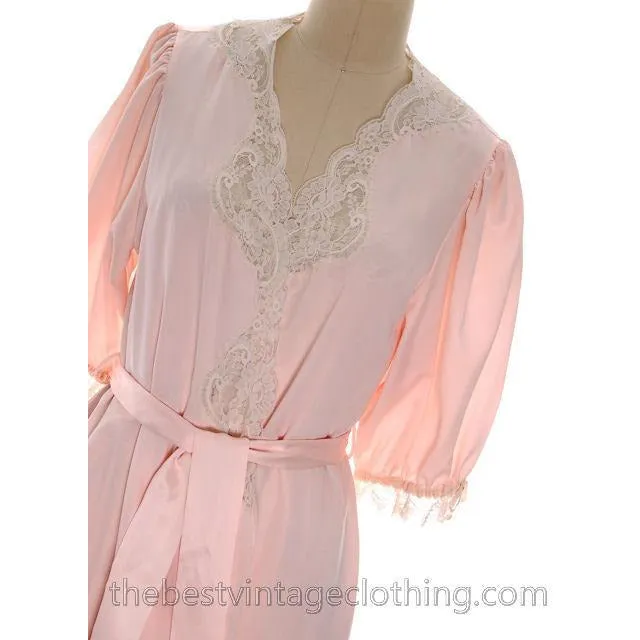 Vintage Christian Dior 2PC Peignoir /Nightgown/ Robe /Pink Lace Puffed Sleeves 1980s S