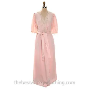 Vintage Christian Dior 2PC Peignoir /Nightgown/ Robe /Pink Lace Puffed Sleeves 1980s S