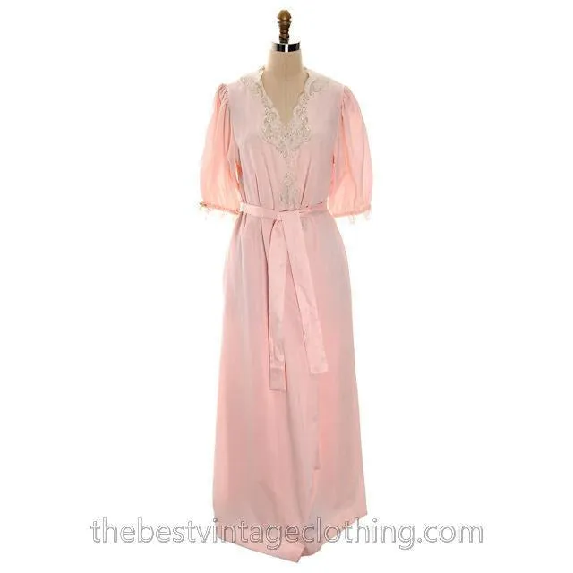 Vintage Christian Dior 2PC Peignoir /Nightgown/ Robe /Pink Lace Puffed Sleeves 1980s S