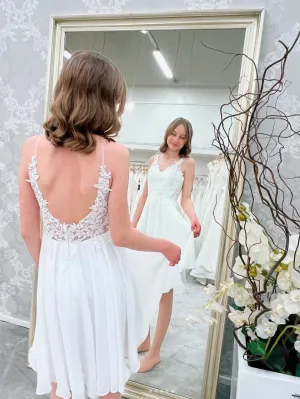 White chiffon lace short prom dress, whit homecoming dress