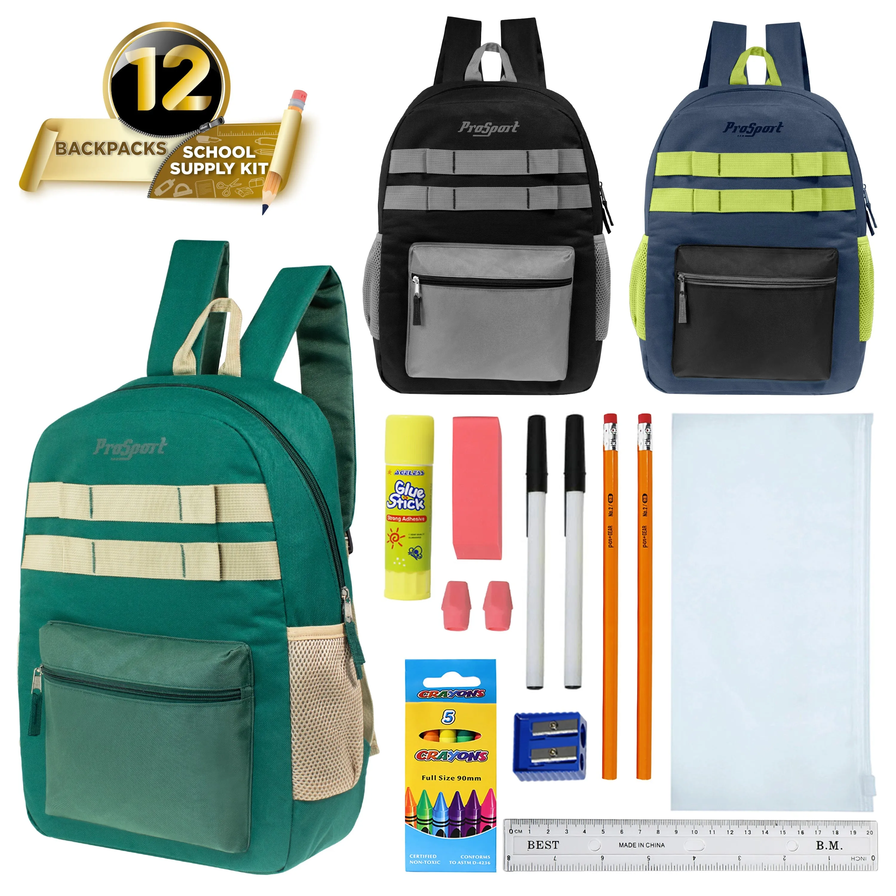 Wholesale Backpacks in Asst Colors & 12 Bulk School Supply Kits